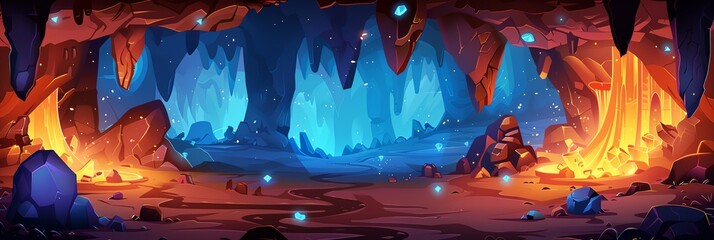 Wall Mural - a cave with a lava pit in the middle. the cave is filled with rocks and has a blue and orange color 