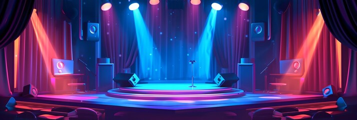 Poster - A stage with a microphone and a spotlight. The stage is set up for a performance. The lights are bright and colorful, creating a lively atmosphere