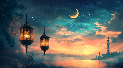 Wall Mural - A Ramadan background with crescent moons lanterns and a beautiful night sky in the background, illustration