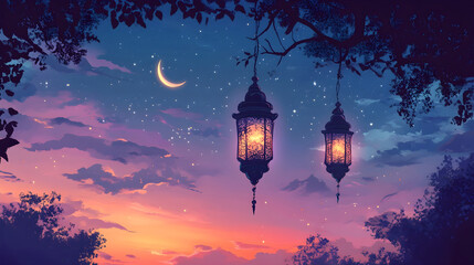 A Ramadan background with crescent moons lanterns and a beautiful night sky in the background, illustration