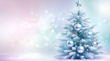 Wall Mural - frosted christmas tree with silver baubles and star topper on a soft pastel background with snowflak