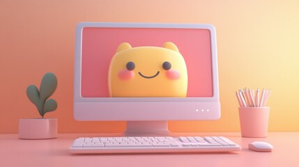 Wall Mural - 3D Render of a Computer with a Smiling Emoji on the Screen