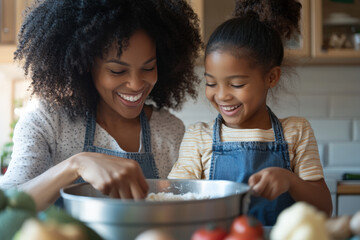 Wall Mural - Mother and her daughter are laughing while preparing a meal together