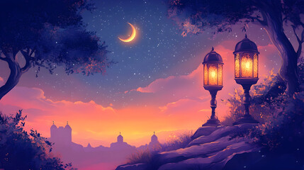a ramadan background with crescent moons lanterns and a beautiful night sky in the background, illus
