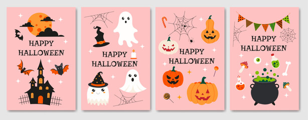  A set of four Halloween cards with a witch, ghost, pumpkin, and pumpkin lanterns. The cards are pink and feature a spooky theme