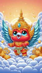 Wall Mural - A cute cartoon image of an ancient Thai Garuda with a bright red face, detailed curves and beak, wearing an intricately decorated golden headdress. The Garuda's armor has sparkling blue, orange and li