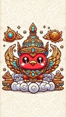 Wall Mural - A cute cartoon image of an ancient Thai Garuda with a bright red face, detailed curves and beak, wearing an intricately decorated golden headdress. The Garuda's armor has sparkling blue, orange and li