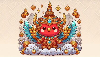 a cute cartoon image of an ancient thai garuda with a bright red face, detailed curves and beak, wea