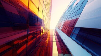 Poster - A vibrant view of modern glass architecture reflecting light and color.