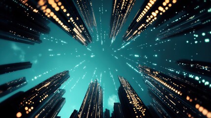 Poster - A futuristic cityscape skyline with data streams flowing through the air, symbolizing the vast amount of information generated and analyzed in modern cities.