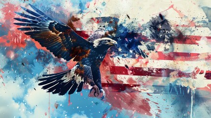 Poster - a dynamic and colorful abstract painting featuring a bald eagle soaring in front of a splattered ame