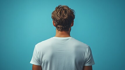 Man in white t-shirt, back view, light blue background.