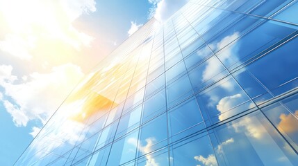 Poster - A modern glass building reflecting the sky and clouds, showcasing contemporary architecture.