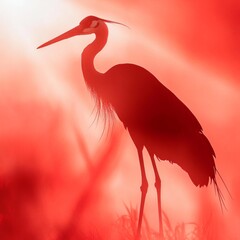 Wall Mural - A majestic heron stands silhouetted against a vibrant red background. The image captures a serene moment in nature. Ideal for artistic and conceptual visuals. AI