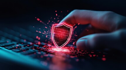 Poster - A hand typing on a keyboard, with a digital shield forming around the screen, representing the protection of sensitive data in cyberspace.