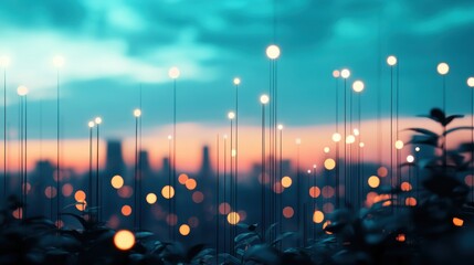 Poster - A futuristic cityscape with towering antennas and fiber optic cables, symbolizing the infrastructure that powers modern technology and internet access.