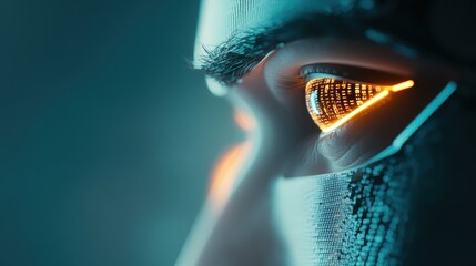 Poster - A robot with glowing eyes, analyzing data streams on a screen, showcasing the power of artificial intelligence in cyberspace.