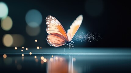 Poster - A polished metal surface reflecting a vibrant, hand drawn illustration of a butterfly, creating a sense of motion and fragility. The light source is a single spotlight, highlighting the detail of the