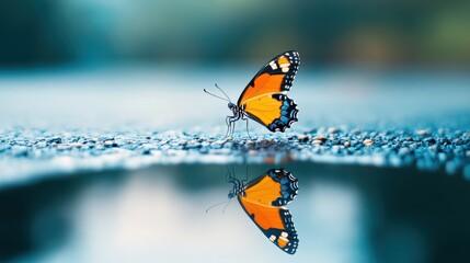 Sticker - A butterfly with its wings outstretched, with the reflection in a puddle creating a symmetrical image, emphasizing the delicate beauty and symmetry of the creature.