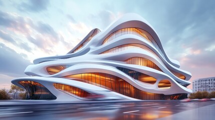 Poster - A futuristic building with flowing lines and large windows, showcasing modern architectural design.