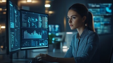 Poster - A woman is sitting in front of two computer monitors