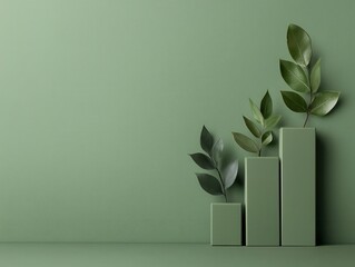 Lush leaves supporting a rising green bar chart, symbolizing the harmony of nature and business growth