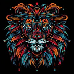 Conceptual lion head with vibrant tribal designs.