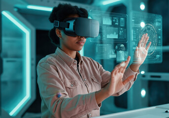 Poster - Black female scientist wearing vr headset working with holographic interface displaying data visualisation