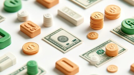 Poster - Stacks of Coins, Dollar Bills, and 3D Blocks