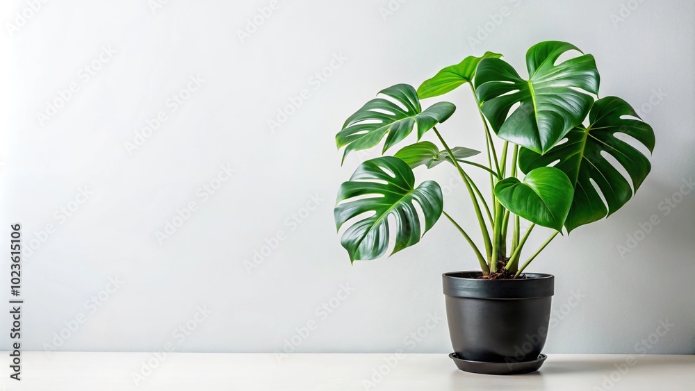 Green monstera plant in black pot on white background Stock ...