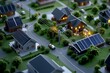 © Thanyarat - A 3D-rendered model of a rural village transitioning to electrification, with detailed power lines, solar panels, and new infrastructure being built alongside traditional homes