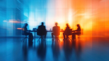 Poster - A blurred silhouette of a business meeting with a colorful background.
