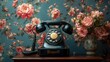 © Myint - Black Old-fashioned rotary telephone on minimalist floral wallpaper background