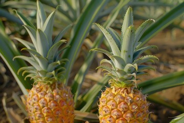 Close up two pineapple fruits in pineapple farming.