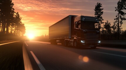 A truck driving on a highway at sunset, surrounded by trees and a serene landscape.