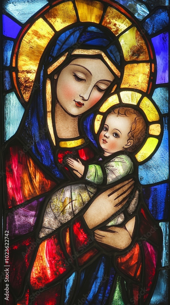 Stained glass art featuring the Virgin Mary holding baby Jesus in a ...