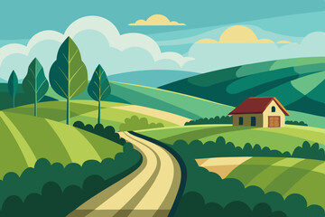 Wall Mural - Summer rural landscape with village, on top of a hill and agriculture fields and mountains in the background