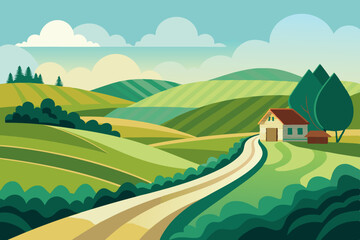 Wall Mural - Summer rural landscape with village, on top of a hill and agriculture fields and mountains in the background