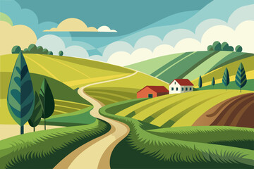 Wall Mural - Summer rural landscape with village, on top of a hill and agriculture fields and mountains in the background