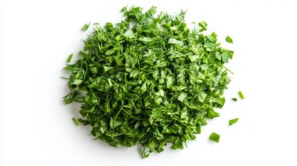 Poster - A pile of finely chopped green herbs, such as parsley or dill, isolated on a white background.