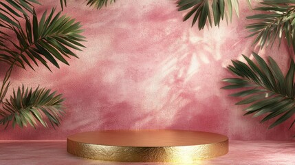 Aufkleber - 3D rendering of a pink and gold platform adorned with tropical leaves in a contemporary style Minimalist geometric backdrop Mock up banner designed for social media Abstract composition featuring