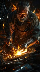 Blacksmith Working with Metal in Fiery Workshop