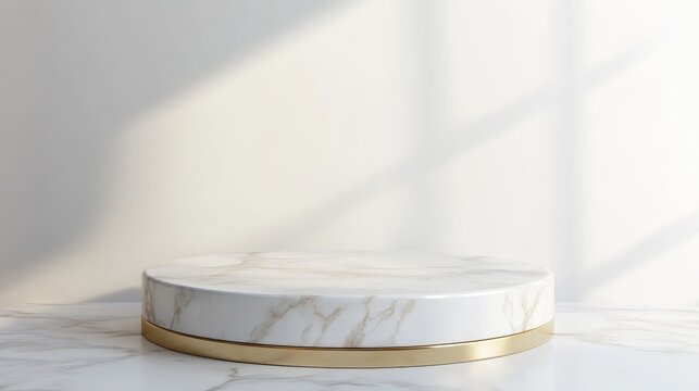 3D rendering of a white marble round pedestal set against a white background featuring a gold frame a memorial board cylindrical steps and an abstract minimal concept showcasing blank space and a