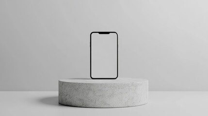 Aufkleber - 3D rendering of a smartphone with a blank screen positioned on a round white stone pedestal displayed flat against a minimalistic white backdrop suitable for commercial advertising use