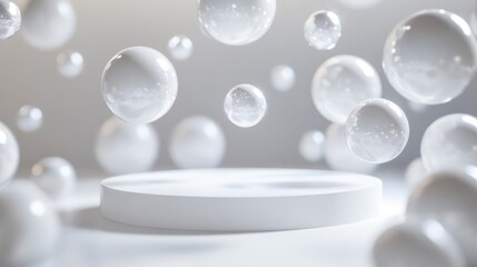Poster - Abstract 3D white cylinder pedestal featuring floating white spheres Ideal setting for product display and presentation Futuristic silver minimalist environment Modern studio backdrop