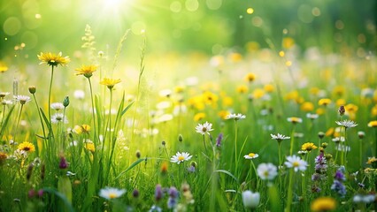 Green summer meadow abstract texture with flowers