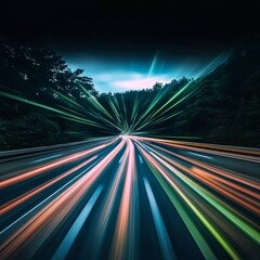 Night Highway Traffic, Light Trails With Blurred Motion Effect, Transportation Background.