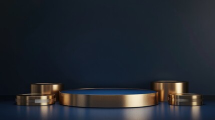 Poster - Brown cylindrical podium featuring various gold shapes against a dark blue background Backdrop design for product promotion 3D rendering