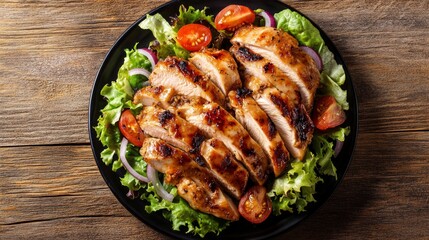 A plate of grilled chicken breast on a bed of lettuce, tomatoes and red onion.