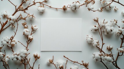 Poster - A blank card surrounded by cotton branches on a light surface, suggesting creativity or invitation.